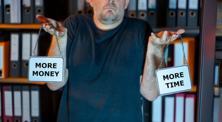 Indesicive man holds two signs with the expressions 'more money' and 'more time'.の写真素材