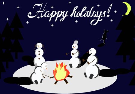 Four happy snowmans sitting at the fire in the midnight with letteringのイラスト素材
