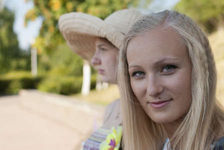 two young girls on vacationの写真素材