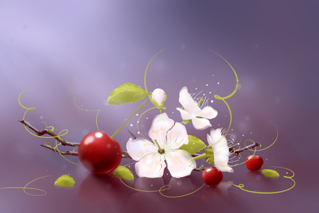 Figure red ripe cherries with leaves and flowersの写真素材