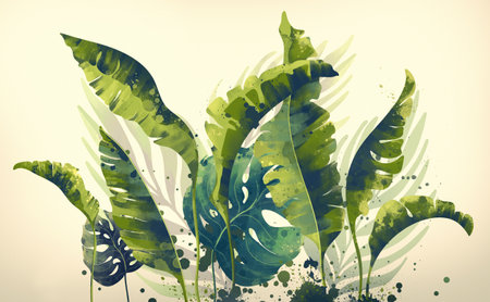 drawing palm tree branches with watercolor splash elementsの写真素材