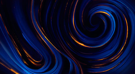 The movement of blue lines with gold strokes on a black backgroundの写真素材