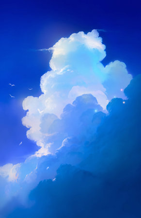 Drawing of white clouds in bright colors with birds and lights