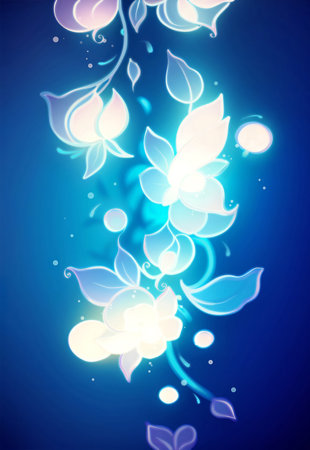 transparent bright fabulous flowers in the radiance of light on a blue backgroundの写真素材