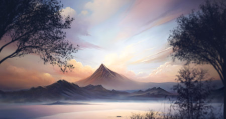 landscape view of mountains in the distance and sky with clouds trees and bushesの写真素材