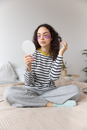 Vertical shot of beautiful curly young woman applying hydrogel purple eye patches under eyes to reduce puffiness and remove bags concentrated in mirror wearing home clothes.の写真素材