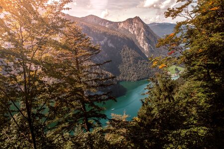 Panorama view of Idyllic Konigssee, a beautiful alpine lake in Bavaria, Germanyの写真素材