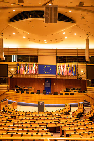 Brussels, Belgium - July 20, 2020: general view of plenary room (debating chamber) of the European...
