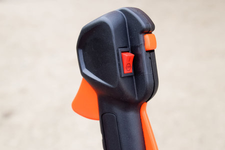 Knob with trimmer controls. Gas trimmer, equipment controls. Trimer gascosis with a leaf for mowing...