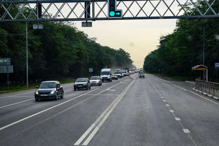 Krasnodar, Russia - June 13, 2019: Traffic jam on the intercity highway. A large number of cars on the road.のeditorial素材