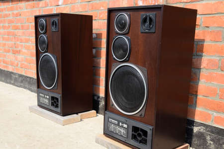Krasnodar, Russia - March 31, 2020: Acoustic system Radiotehnica S90, 35 s-012. Soviet vintage audio equipment. Musical columns made of plywood and veneer of valuable wood species.のeditorial素材