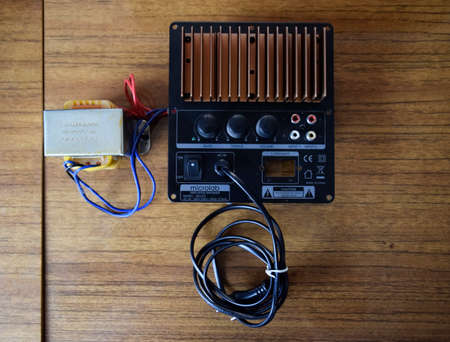 Krasnodar, Russia - April 24, 2020: An internal power amplifier from the computer speaker system microlab solo 2.のeditorial素材