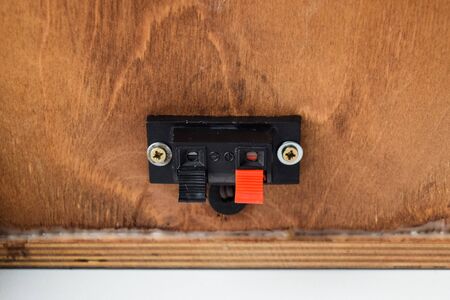 The back of the speakers. Terminals for attaching speaker wires to the speaker. Column speaker 15AS-208. Vintage Soviet bookshelf acoustics.の写真素材