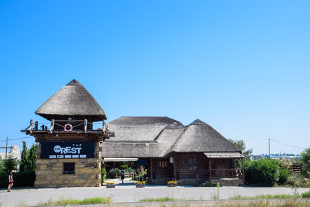 Taman, Russia - June 9, 2019: Kafe with a cane roof. The roof is made of reeds and reeds.