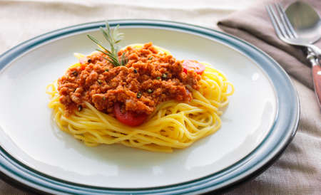 Pasta spaghetti with bolognese beef tomato sauceの写真素材