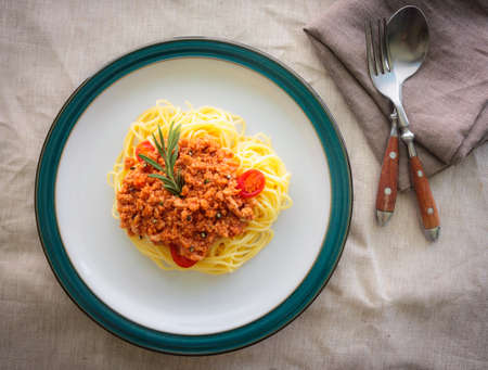 Pasta spaghetti with bolognese beef tomato sauceの写真素材