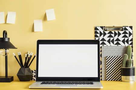 Office workspace with laptop screen mock up, office accessories and cacti on the yellow wall.