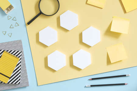 Concept of modern approach to management project. Solutions for your project, idea, industry, business. Yellow bakcground. Creative desk.の写真素材