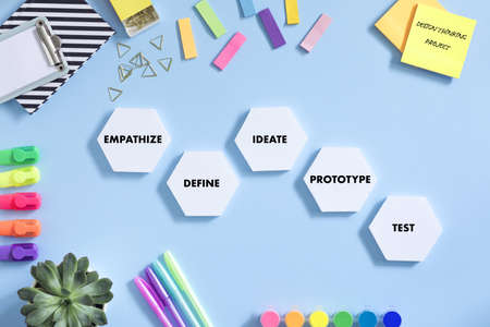 Top view of creative desk with design thinking project diagram, office accessories, notebooks,...