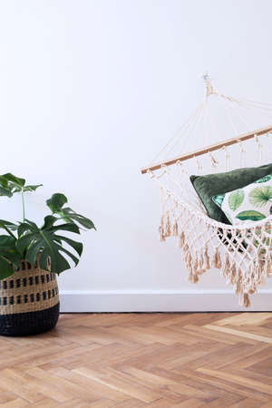 Modern and stylish bedroom with natural string hammock. Bright and sunny bedroom with brown wooden parquet.の写真素材