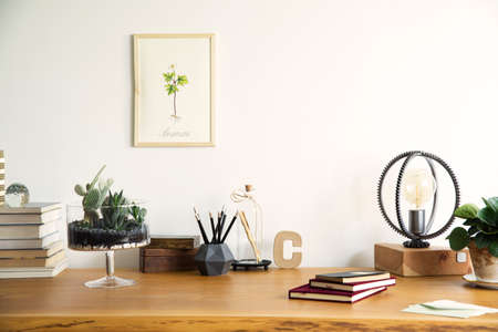 Vintage, creative home office interior with wooden desk, books, laptop, romantic illustrations of plants, table lamp and office accessories.の写真素材