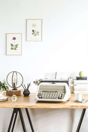 The stylish home office with vintage typewriter, poster illustrations of plants, table lamp, wooden desk and office accessories.の写真素材