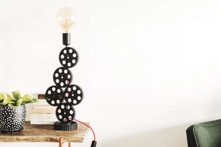 Modern scandinavian room with wooden console, design table lamp, books and beautiful plants. Stylish...