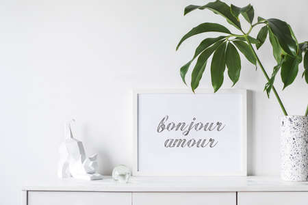 Stylish and modern white interior with mock up frame , cacti and cat figures. White concept of cupboard shelf.の写真素材