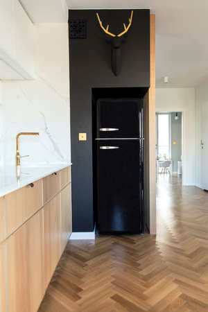 Stylish and cozy scandinavian kitchen with black fridge and marble walls.の写真素材
