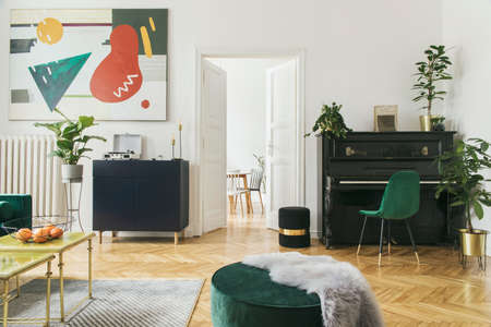 Luxury and modern home interior with design furniture, armchair, tables, pouf and accessroies. A lot of plants on the piano. View on the dinning room. Stylish decor of sitting room.の写真素材