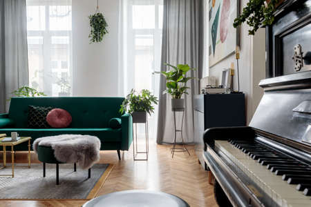 Bright and sunny luxury home interior with design green velvet sofa, armchair, navy commode, pouf and accessroies. Big windows. A lot of plants. Stylish decor of living room. View from the piano.の写真素材