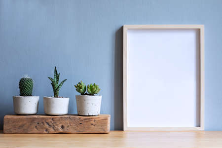 Minimalistic room interior with mock up photo frame on the brown wooden table with beautiful cacti...