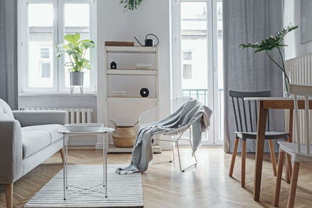 Bright home nordic living room with design sofa, family table, plant, white bookstand on the wall. Brown wooden parquet. Abstract painting on the white wall. Concept of minimalistic interior.の写真素材
