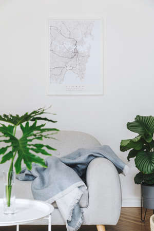 Stylish nordic living room with design sofa, blanket and beautiful plants. Mock up poster frame on...