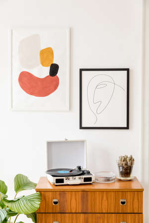 Vintage and retro interior of living room with design commode, vinyl recorder, cacti and mock up posters frames on the white walls. Cozy room with brown wooden parquet and plants.の写真素材