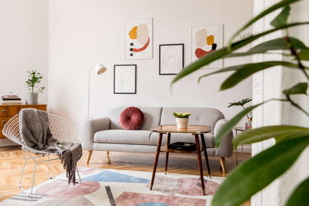 Minimal retro interior design of living room with grey couch, design armchair vintage coffee table, lamp and stylish decorations. Bright room, brwon wooden parquet and poster gallery on the wall.の写真素材