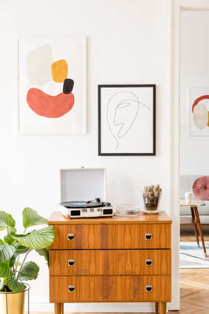 Elegant and retro decor of living room with design commode, coffee table vinyl recorder, cacti and...