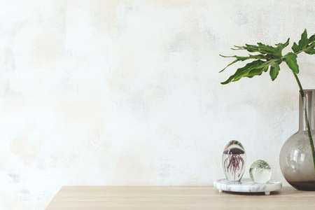 Modern and eclectic room interior with abstract wiped walls, glassy balls and vase with tropical leaf .Stylish space with design accessories. Stylish home decor.の写真素材
