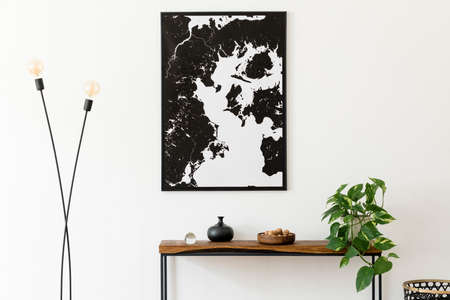Design scandinavian interior of living room with wooden console, ring on the wall, black vase,...