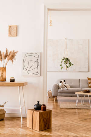 The modern boho interior of open room in cozy apartment with lying dog on the design gray sofa, desk, plants, flowers, wooden and elegant personal accessories. Mock up paintings concept. Home decor.の写真素材