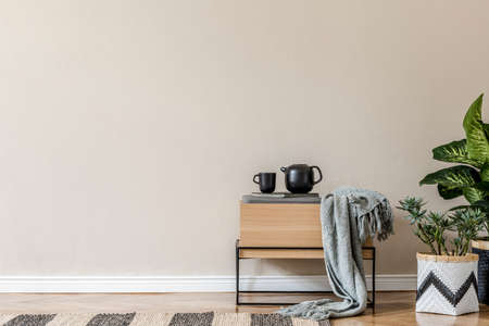 Interior design of living room at scandinavian apartment with stylish commode, tropical plants, books, tea pot and elegant accessories. Modern home decor. Template. Copy space. Beige walls.の写真素材