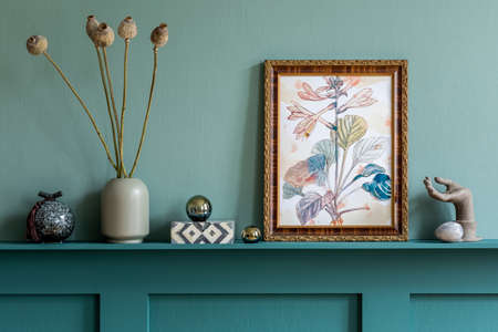 Stylish living room interior at apartment with mock up poster frame, plant, dried flowers,...