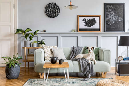 Stylish interior design of living room with modern mint sofa, wooden console, cube, coffee table,...