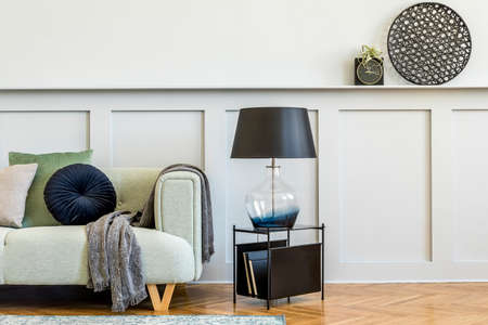 Minimalistic composition of living room with design sofa, coffe table, air plant, books, decoration, pillows, plaid, carpet, wood paneling and elegant persoanl accessories in stylish home decor.の写真素材