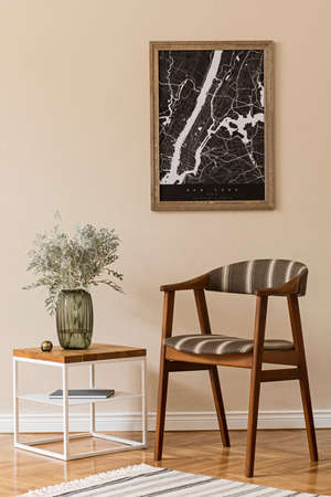Modern composition of living room interior with brown mock up poster frame, design retro chair,...