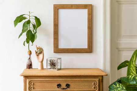 Minimalistic compositon with wooden vintage commode, brown mock up photo frame, avocado plant, plants and elegant personal accessories. Stylish retro living room. White walls. Template.の写真素材
