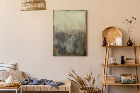Modern composition of living room with design chaise longue, mock up painting, rattan decoration,...