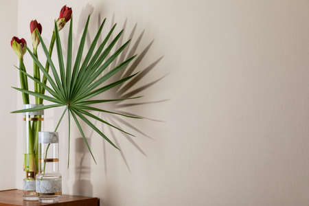 Stylish and floral composition of beautiful flowers in modern vases on the retro wooden commode with...