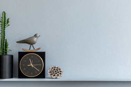 Minimalistic composition on the wooden shelf with black clock, decoration and elegant personal accessories in stylish living room interior. Copy space.の写真素材
