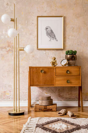 Modern retro composition of living room with wooden vintage commode, furniture, lamp, plant, carpet,...